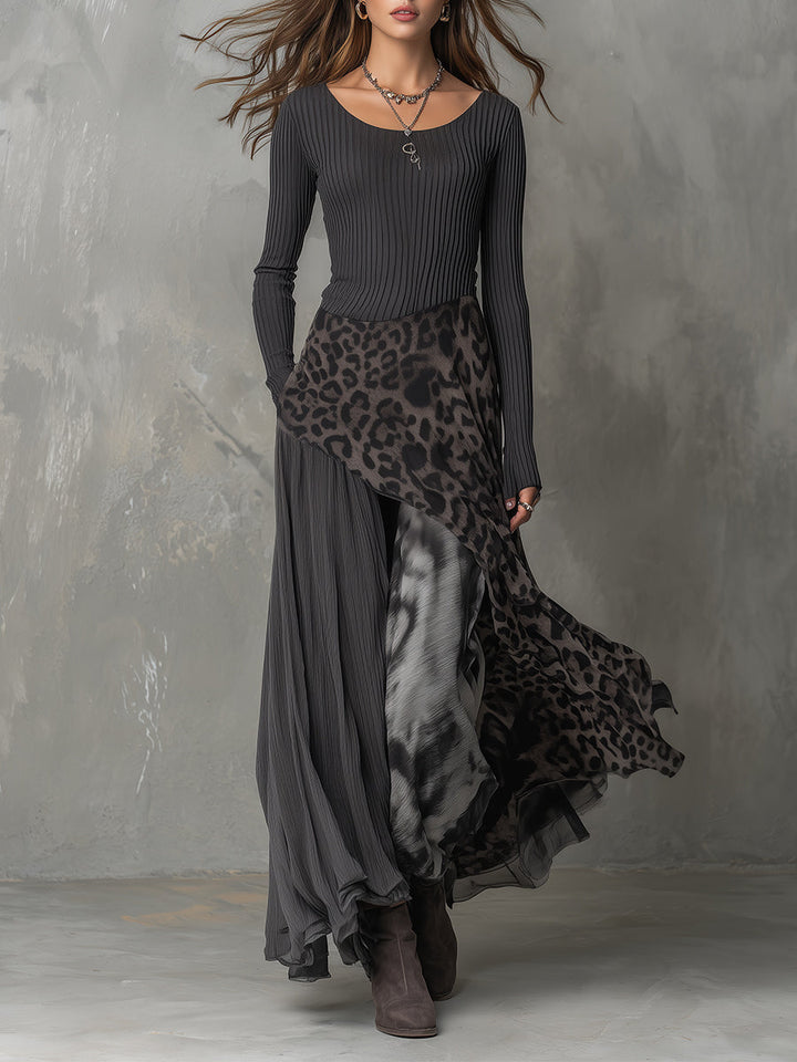 Martina - Długa sukienka w stylu boho z leopardzim nadrukiem