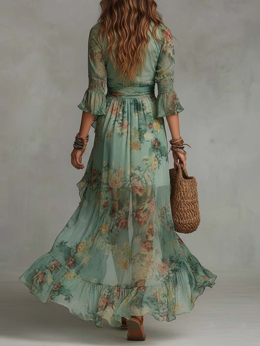 Aurora – Boho Kwiatowa Sukienka Maxi z Romantycznym Asymetrycznym Dołem
