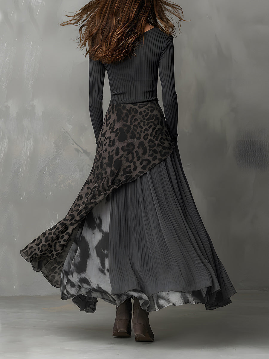 Martina - Długa sukienka w stylu boho z leopardzim nadrukiem