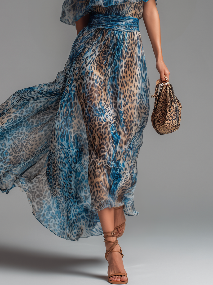 Selvaggia – Sukienka Maxi z Chiffonu w Panterkę z Odkrytymi Ramionami