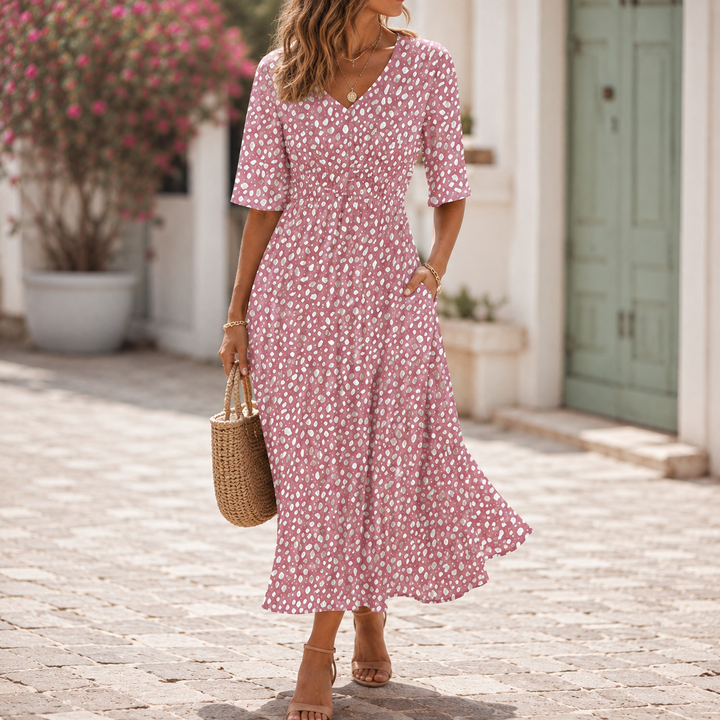 Monika - Elegancka Midi Sukienka z Maskującym Brzuch Designem