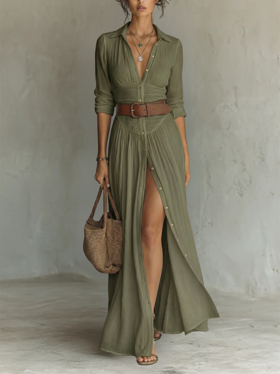 Aneta - Długa Maxi Sukienka z Wyciętym Kołnierzem i Długimi Rękawami dla Kobiet