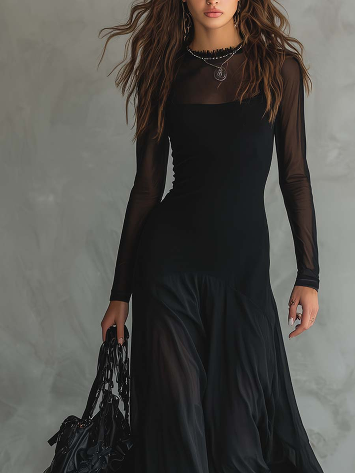 Aneta - Czarna Sukienka Maxi z Tulle w Luźnym Fasonie