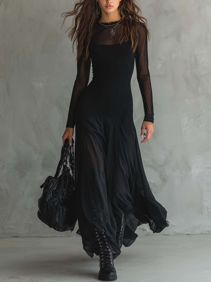 Czarna Sukienka Maxi z Tulle w Luźnym Kroju