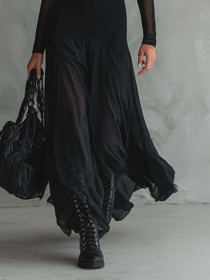 Aneta - Czarna Sukienka Maxi z Tulle w Luźnym Fasonie