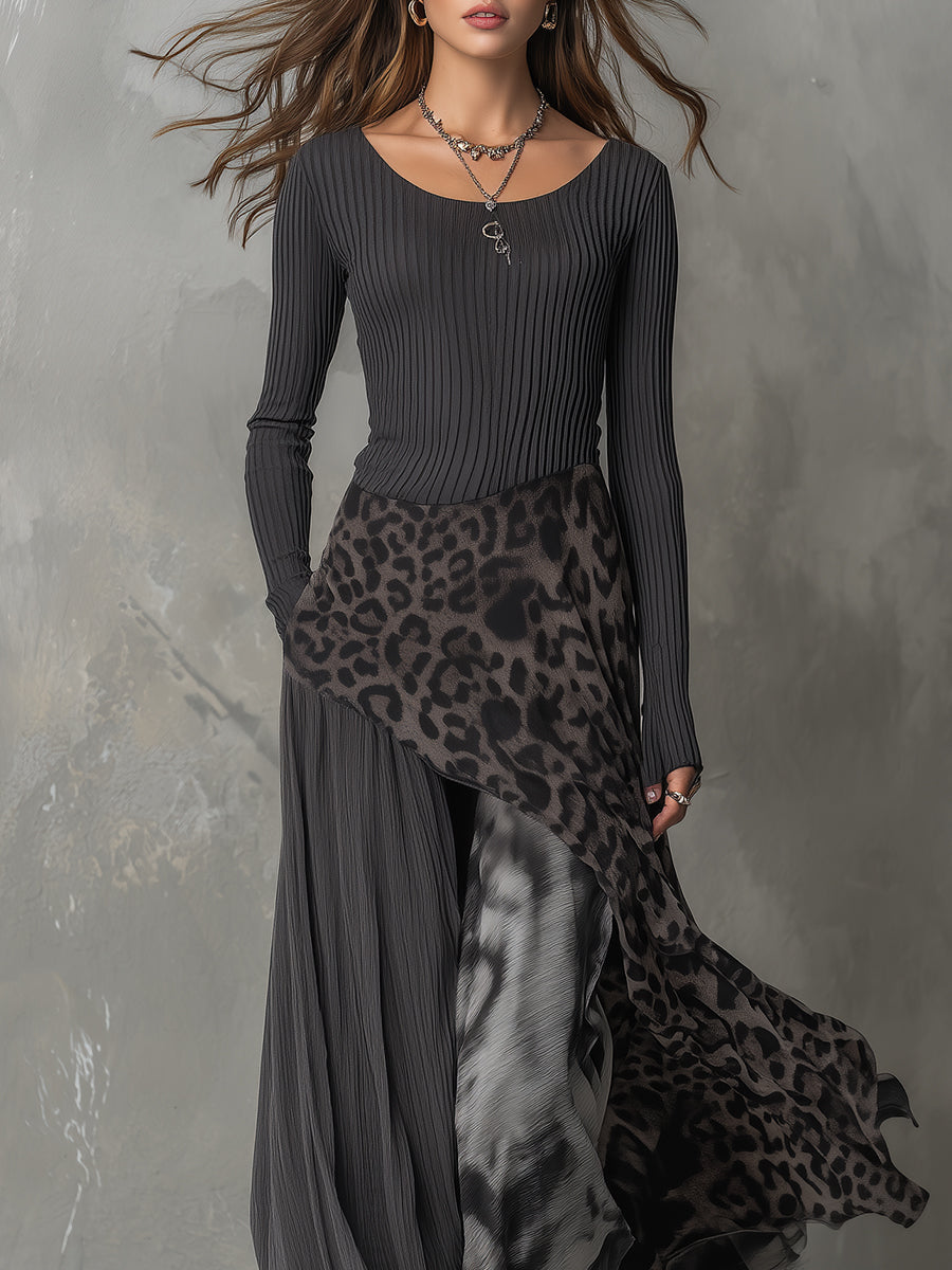 Martina - Długa sukienka w stylu boho z leopardzim nadrukiem