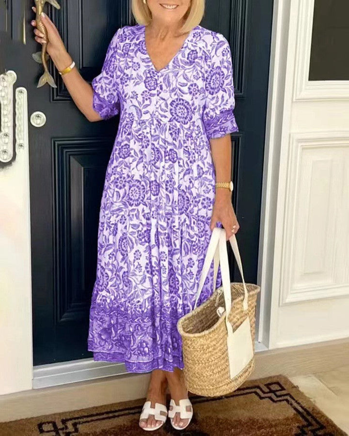 Stella - Elegancka Sukienka w Kwiaty z Dekoltem w Serek